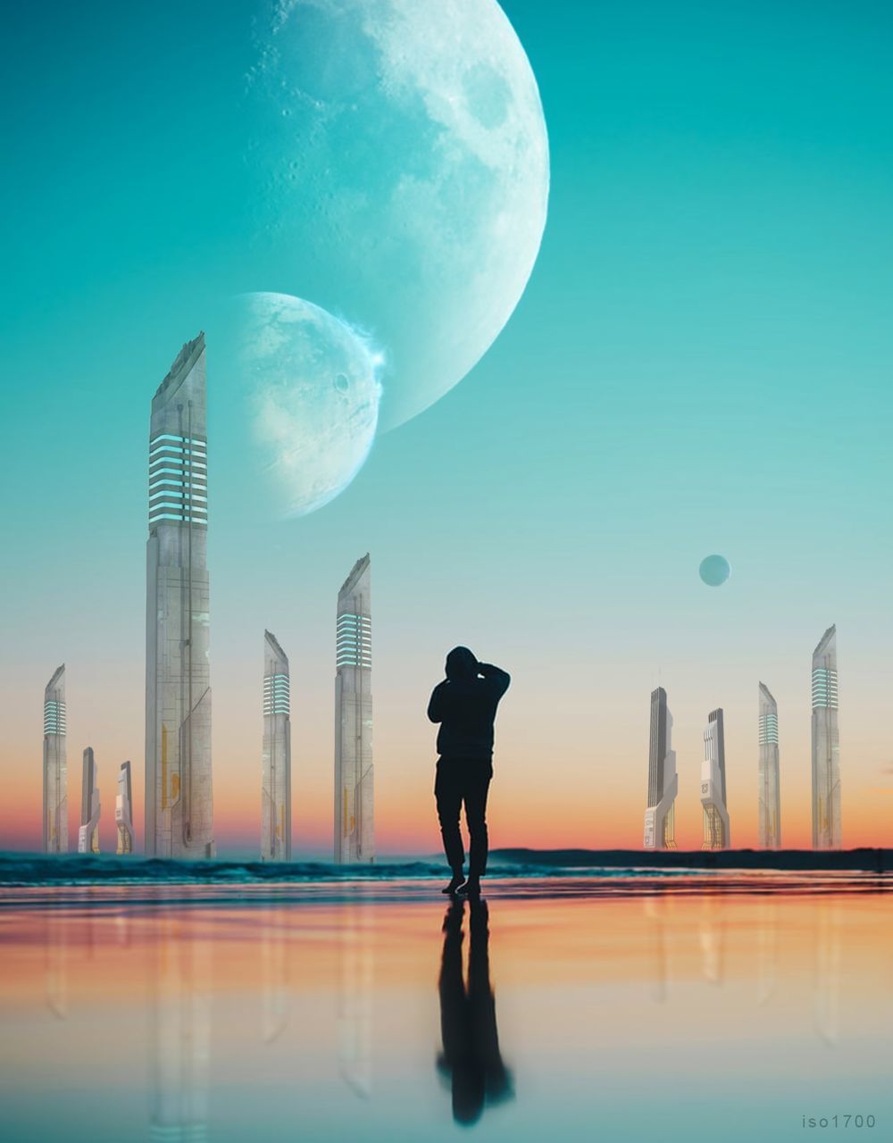 sky, full length, water, real people, reflection, standing, nature, one person, building exterior, men, architecture, lifestyles, built structure, moon, silhouette, sunset, waterfront, clear sky, outdoors, digital composite, modern, office building exterior