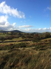 Countryside landscape against blue sky and clouds