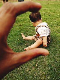 High angle view of boy on field