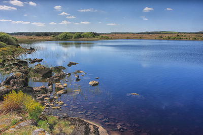 Scenic view of river and landscape against sky