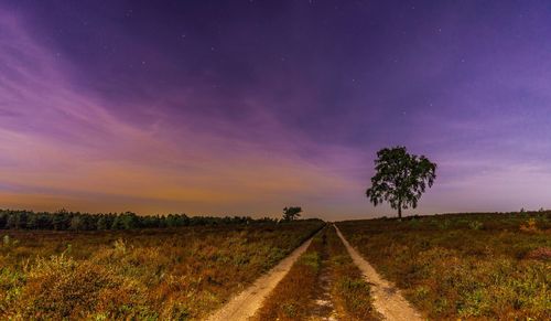 Dirt road amidst field against sky