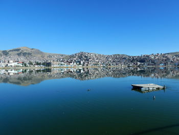Scenic view of river by buildings against clear blue sky