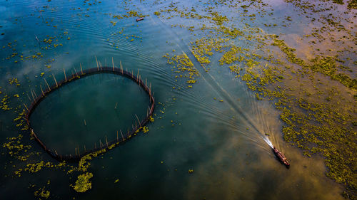 High angle view of boat floating on water