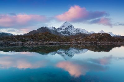 Scenic view of lake and mountains against sky