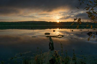 Scenic view of lake against sky during sunset