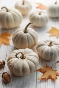 White decorative pumpkins on the background of a old white wood. cozy autumn concept