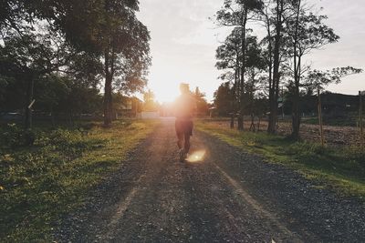 Rear view of man riding bicycle on road