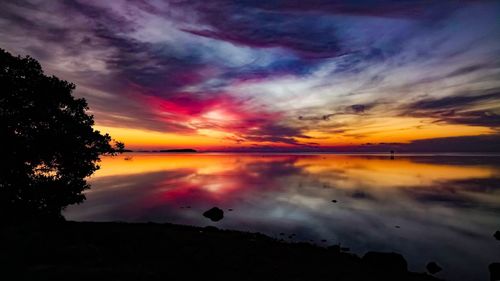 Scenic view of lake against dramatic sky during sunset