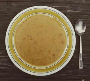 Directly above shot of soup in bowl on table