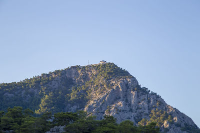 Low angle view of mountain against clear blue sky