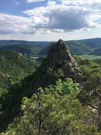 Scenic view of tree mountains against sky