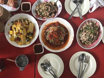 High angle view of meal served on table