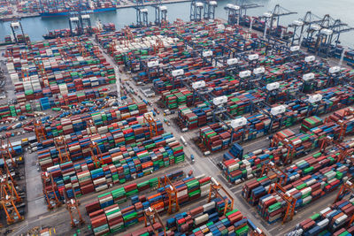 High angle view of illuminated commercial dock at harbor