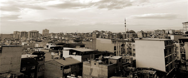 High angle view of buildings against sky