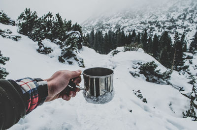 Cropped image of hand holding tea cup against snowcapped mountain
