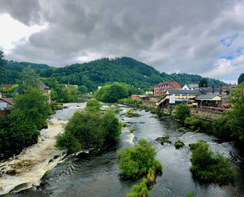 Scenic view of river amidst buildings against sky