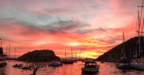 Boats in marina at sunset