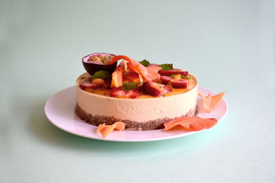 Close-up of dessert served on table