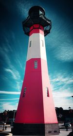 Low angle view of lighthouse by building against sky