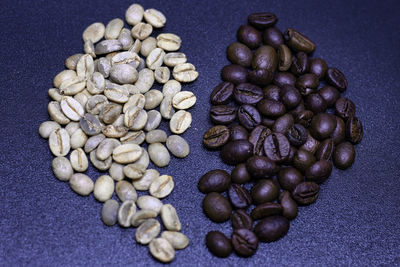 High angle view of coffee beans on table