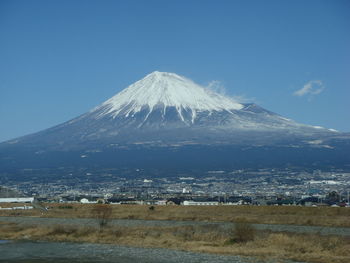 Scenic view of mt fuji against blue sky