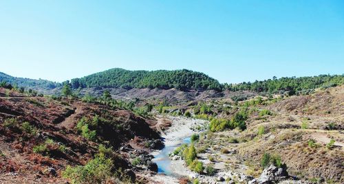 View of landscape against clear blue sky