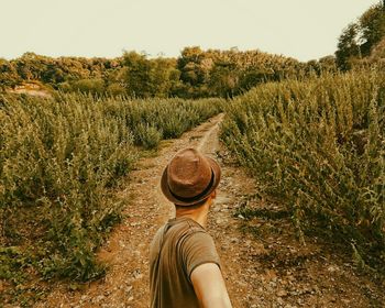 Woman standing in agricultural field against sky