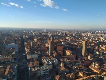 High angle view of city buildings against sky