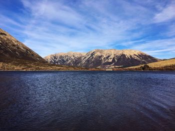 Scenic view of lake by mountains against sky