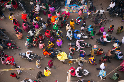 High angle view of people on street