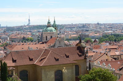 Buildings in town against sky