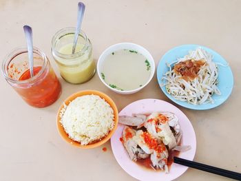 High angle view of food served on table