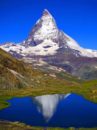 Scenic view of lake and mountains against clear blue sky