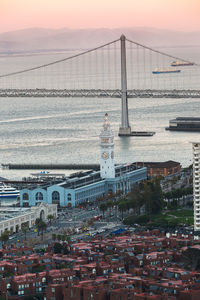 Aerial view of suspension bridge over sea