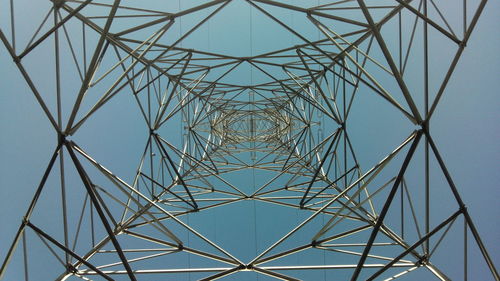 Directly below shot of electricity pylon against clear sky