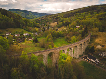 Scenic high angle view of old rail bridge with countryside in background