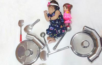 High angle view of people standing against wall