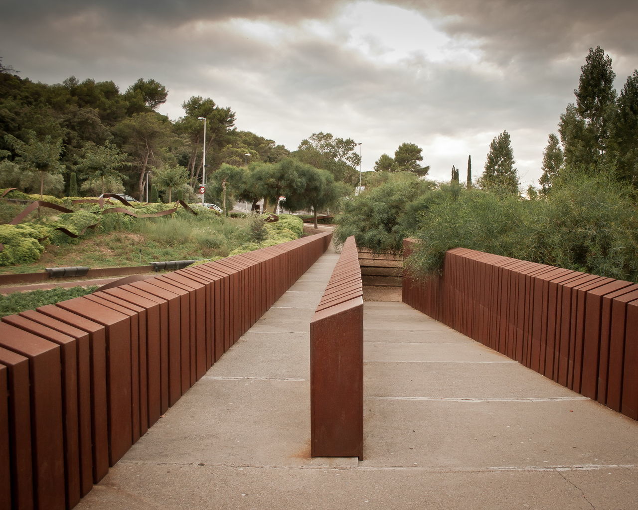 tree, sky, cloud - sky, the way forward, railing, cloudy, diminishing perspective, built structure, cloud, growth, nature, tranquility, day, vanishing point, footbridge, architecture, tranquil scene, outdoors, walkway, no people