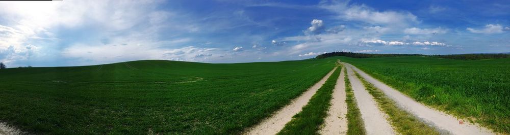 Panoramic view of agricultural field against sky