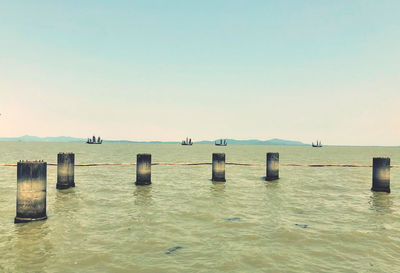 Wooden posts in sea against clear sky