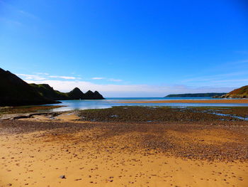 Scenic view of beach against blue sky