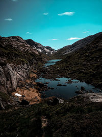 Scenic view of lake and mountains against sky