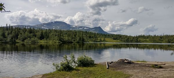 Scenic view of lake by trees against sky