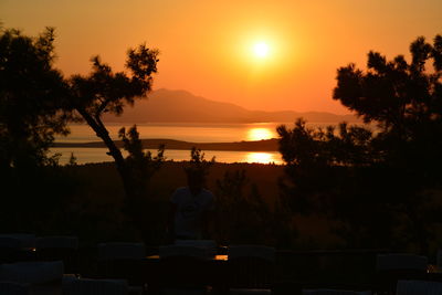 Silhouette trees by sea against sky during sunset