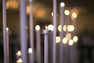 Close-up of burning candles in church