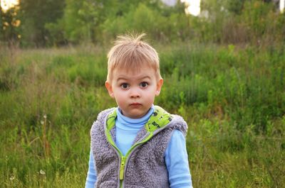 Portrait of shocked boy standing on field