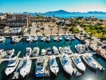 High angle view of boats moored in harbor