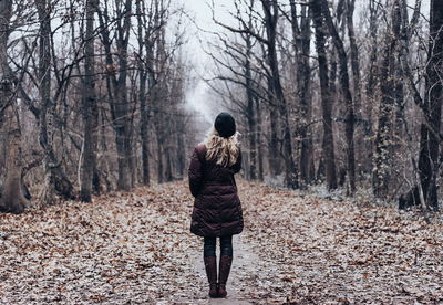 Rear view of man standing in forest during winter