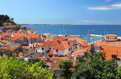 High angle view of town by sea against sky