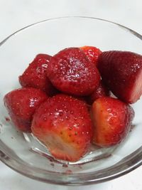 High angle view of strawberries in plate
